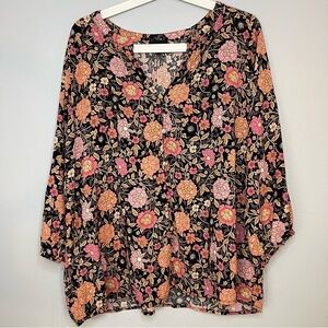 JNY Pullover Blouse Size 1X flower V neck Rayon Cuff Sleeve Buttons Soft Floral